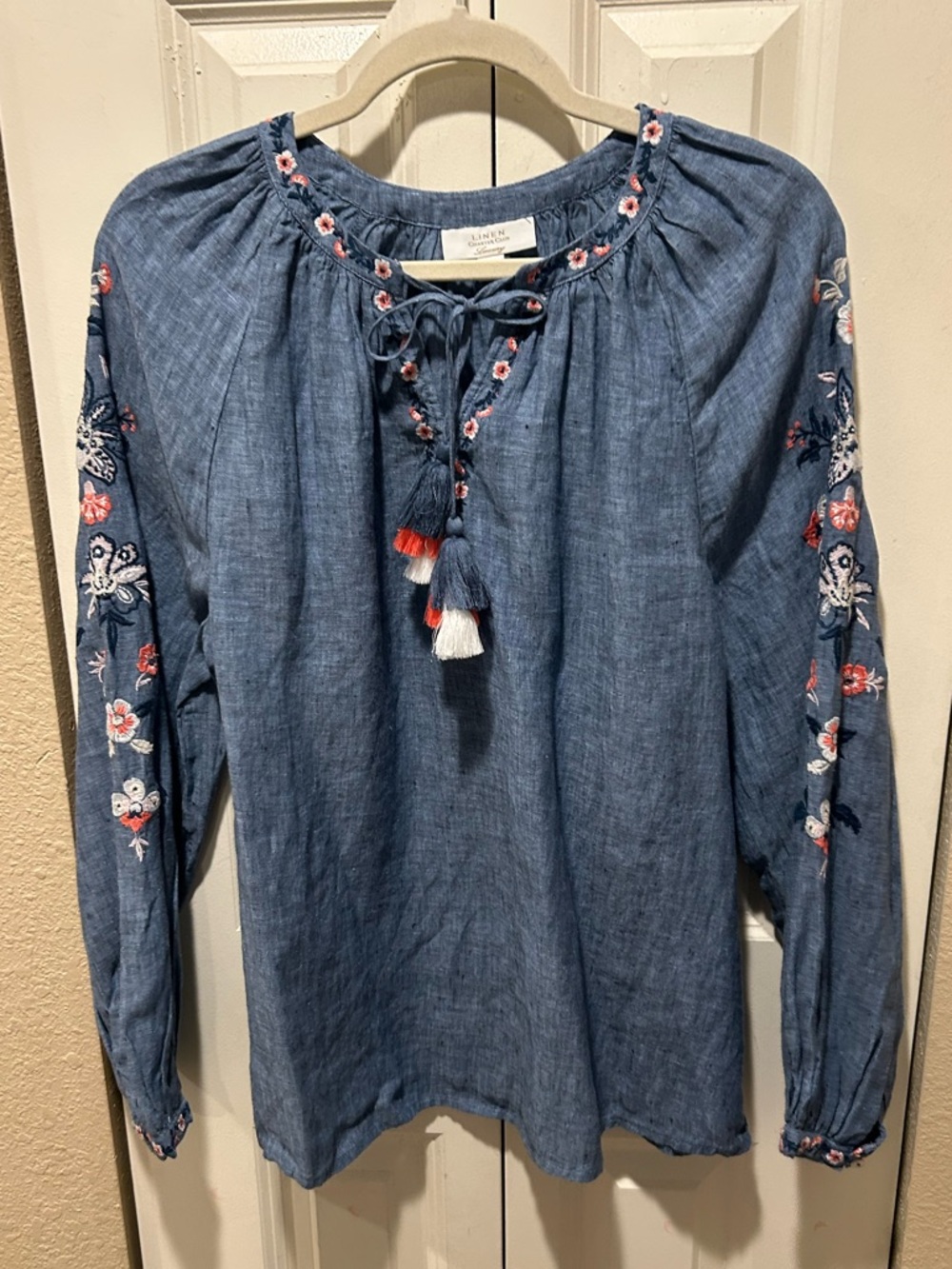 Charter Club Blue Embroidered Peasant Blouse with Tassel Ties